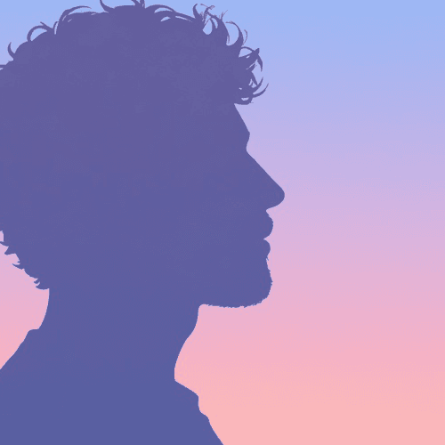 Pastel silhouette of Josh in profile.